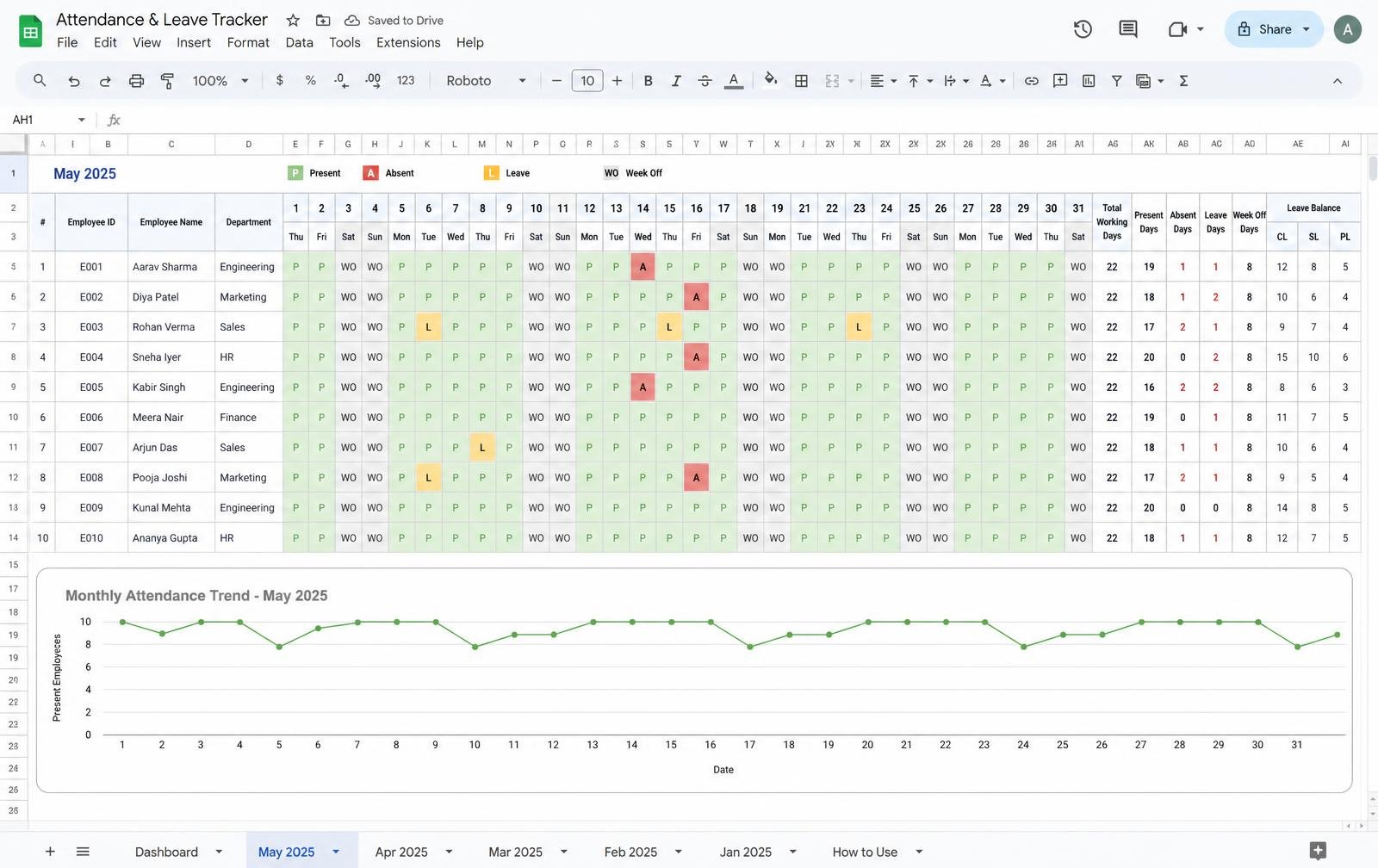 Attendance & Leave Tracker — Excel/Google Sheet preview