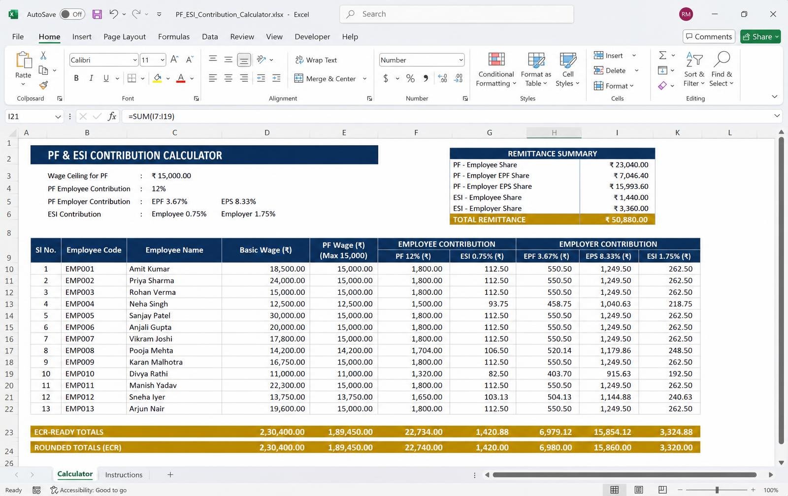 PF & ESI Contribution Calculator — Excel/Google Sheet preview