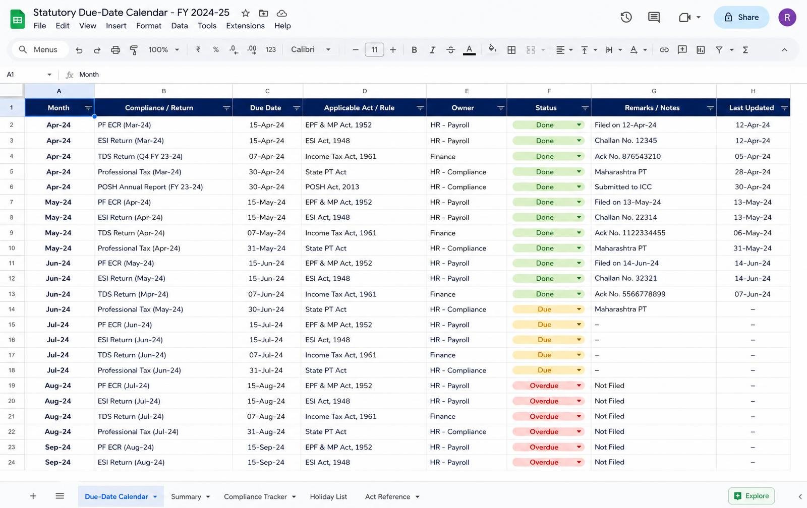 Statutory Due-Date Calendar — Excel/Google Sheet preview