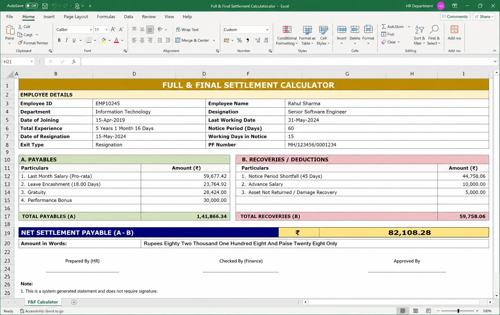 Full & Final Settlement Calculator — Excel/Google Sheet preview
