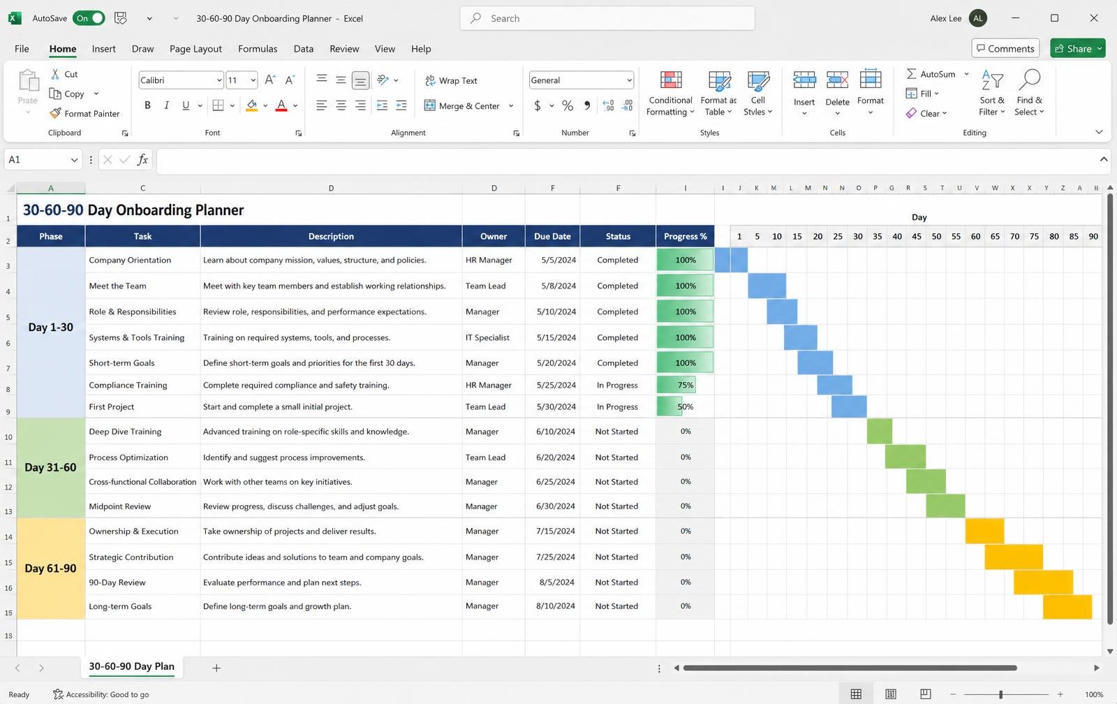 30-60-90 Day Onboarding Planner — Excel/Google Sheet preview