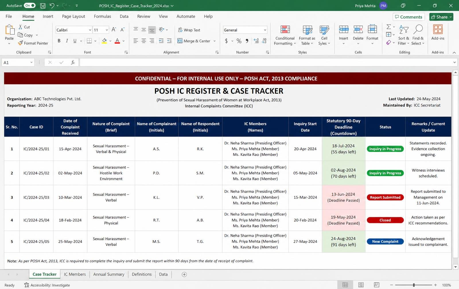 POSH IC Register & Case Tracker — Excel/Google Sheet preview