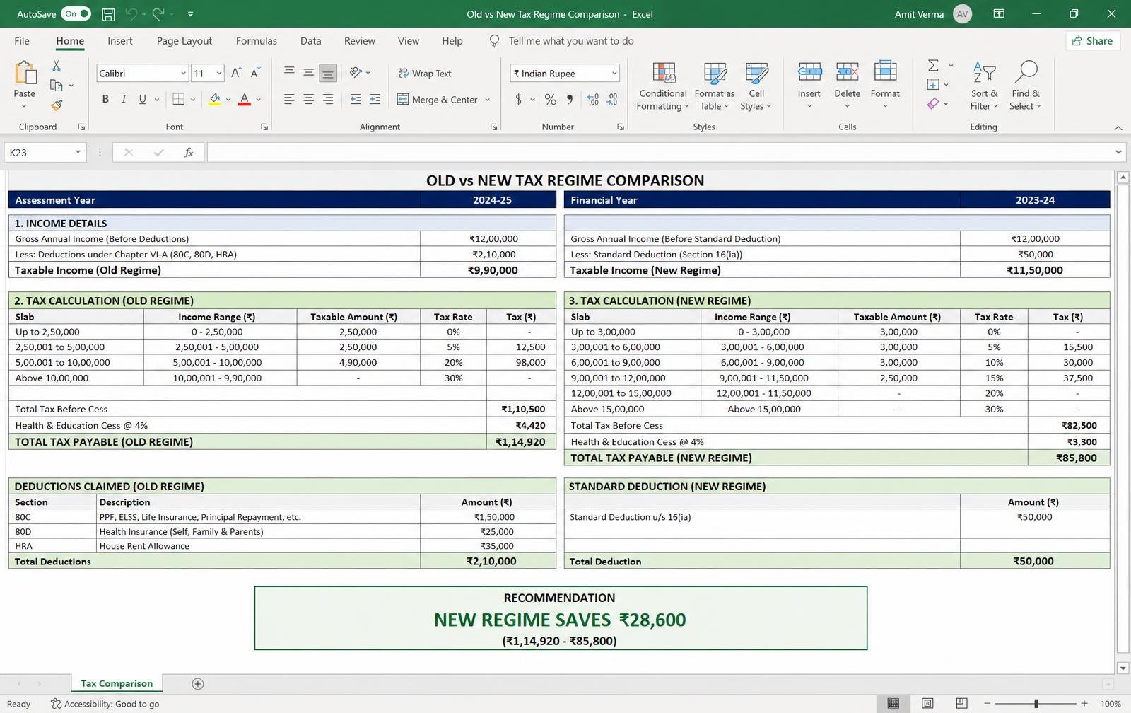 Old vs New Tax Regime Comparison — Excel/Google Sheet preview