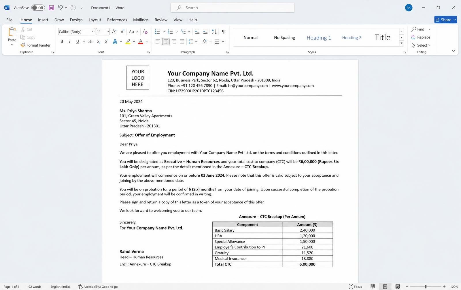 Offer & Appointment Letter Template — Excel/Google Sheet preview