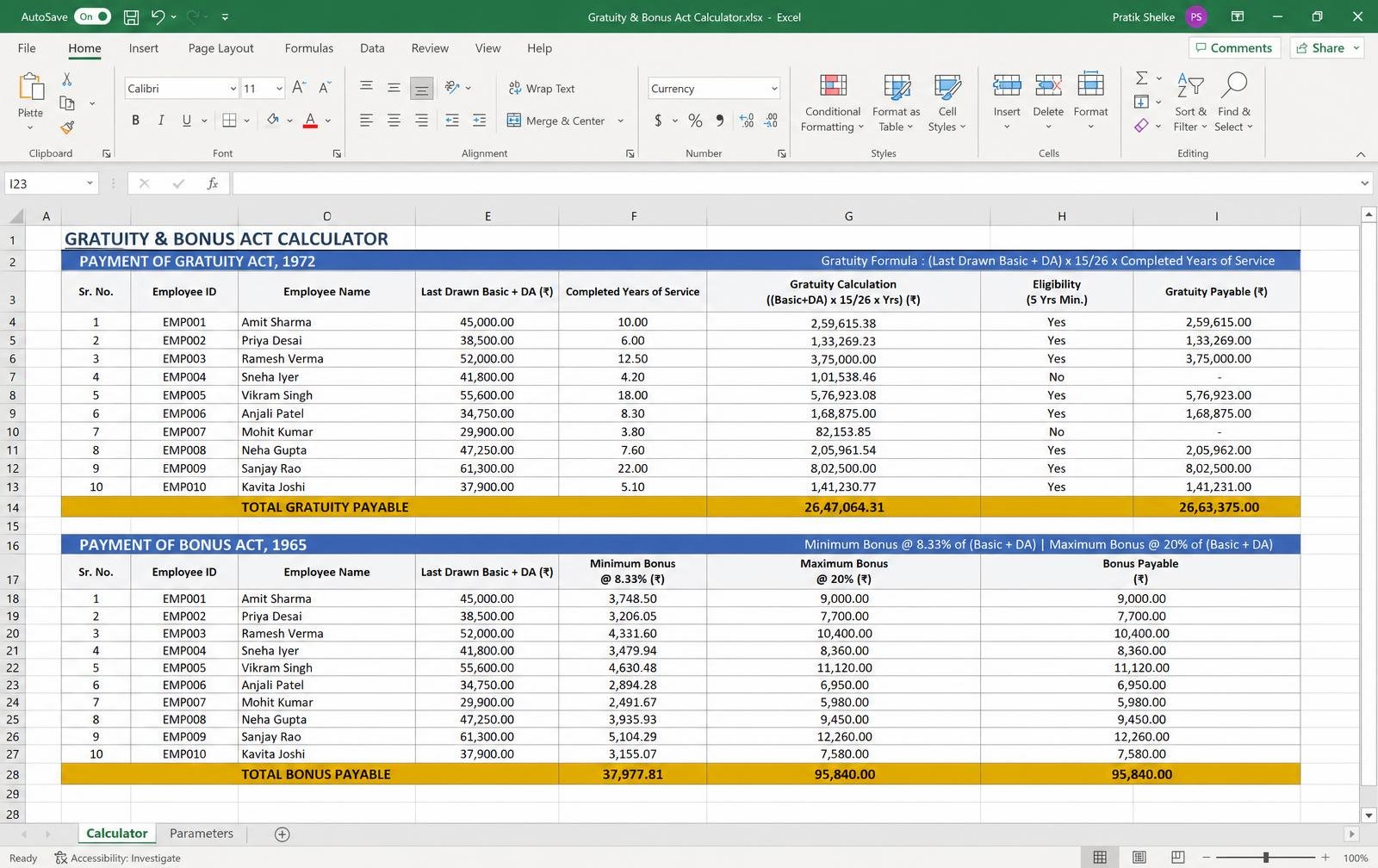Gratuity & Bonus Act Calculator — Excel/Google Sheet preview