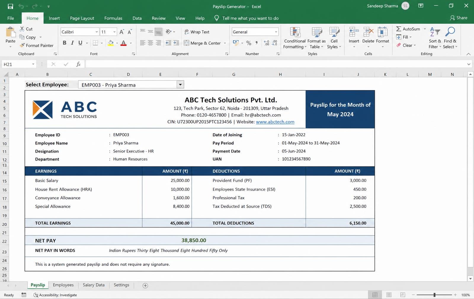 Payslip Generator (Auto-Fill) — Excel/Google Sheet preview